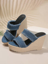 Denim Frayed Two Bands Open-toe Slip-on Espadrille Wedge Sandals